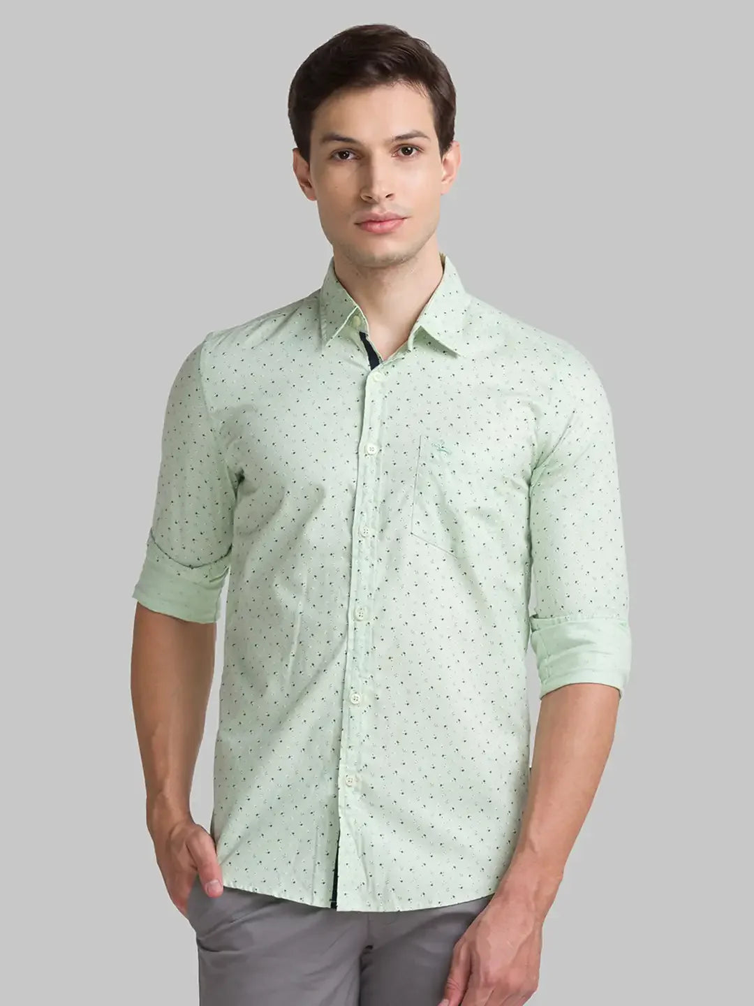 Men Green Slim Fit Print Cotton Full Sleeve Shirts