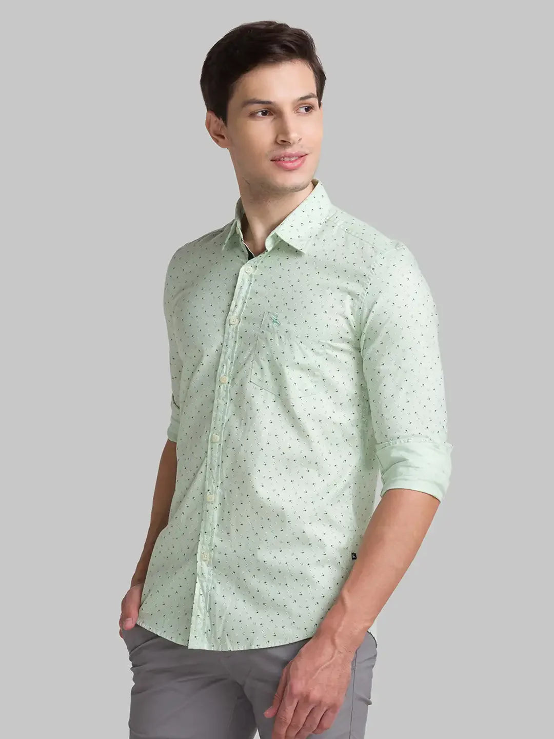 Men Green Slim Fit Print Cotton Full Sleeve Shirts