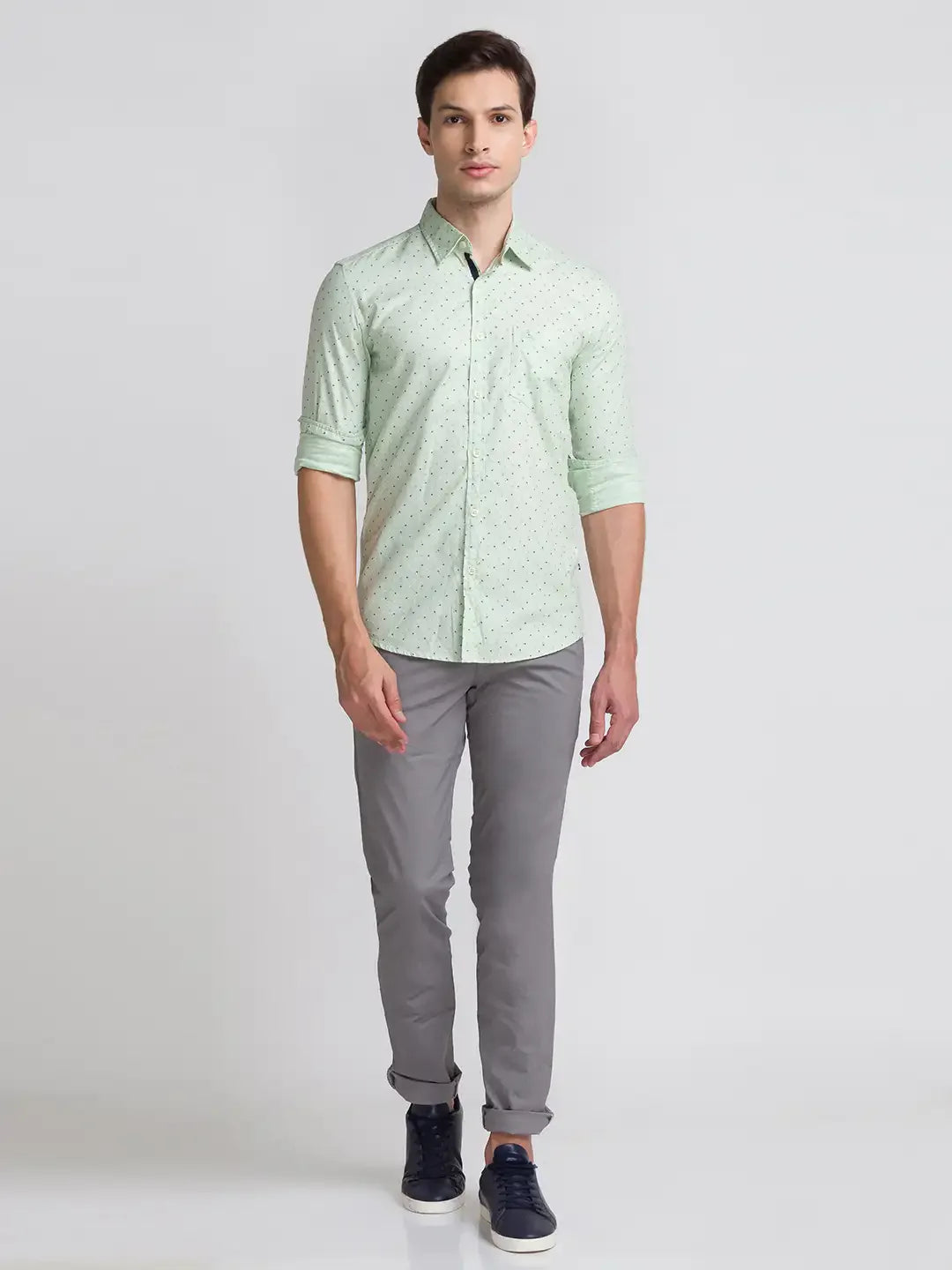 Men Green Slim Fit Print Cotton Full Sleeve Shirts