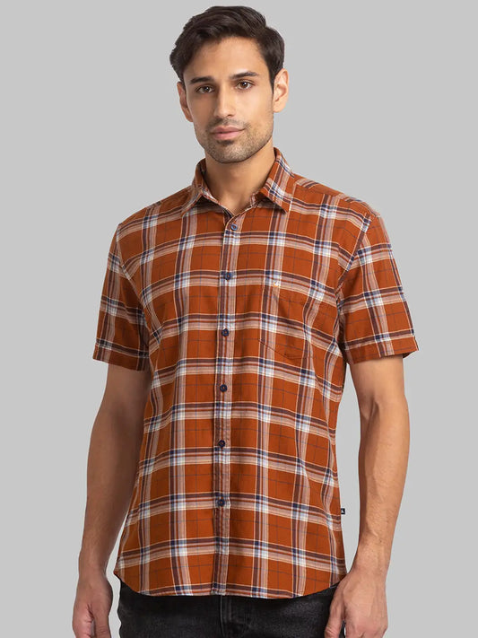 Men Brown Slim Fit Checks Cotton Full Sleeve Shirts