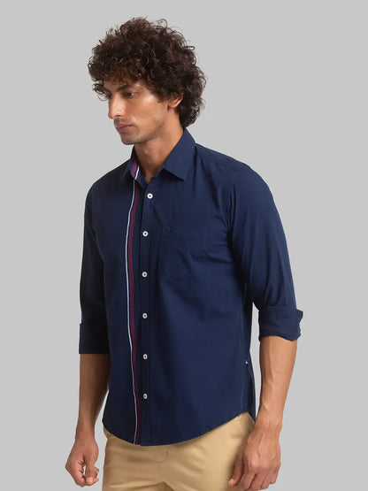 Parx Men Blue Engineered Slim Fit Cotton Full Sleeve Shirts